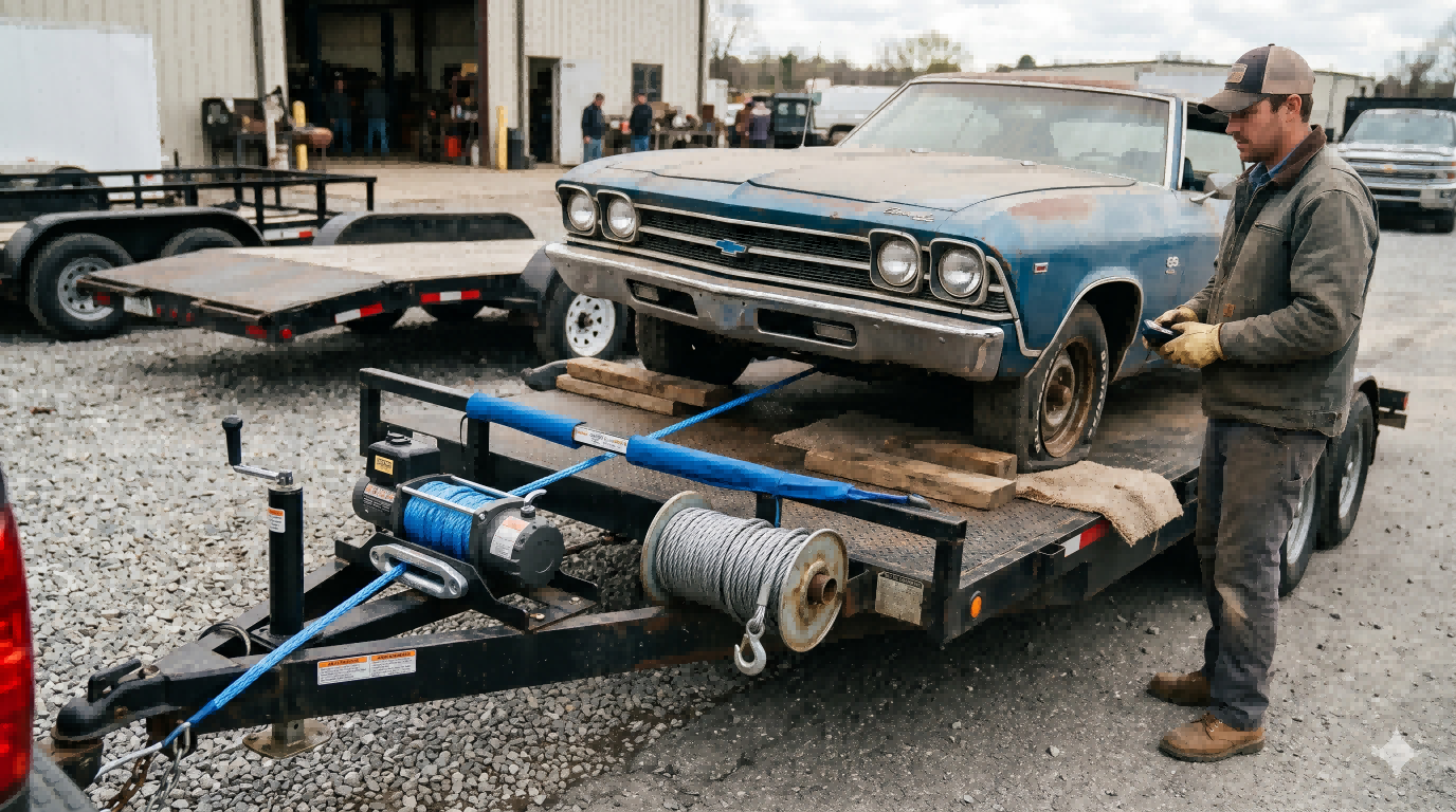 Car hauler trailer using synthetic rope and steel cable winch lines to compare handling and pulling behavior under vehicle load